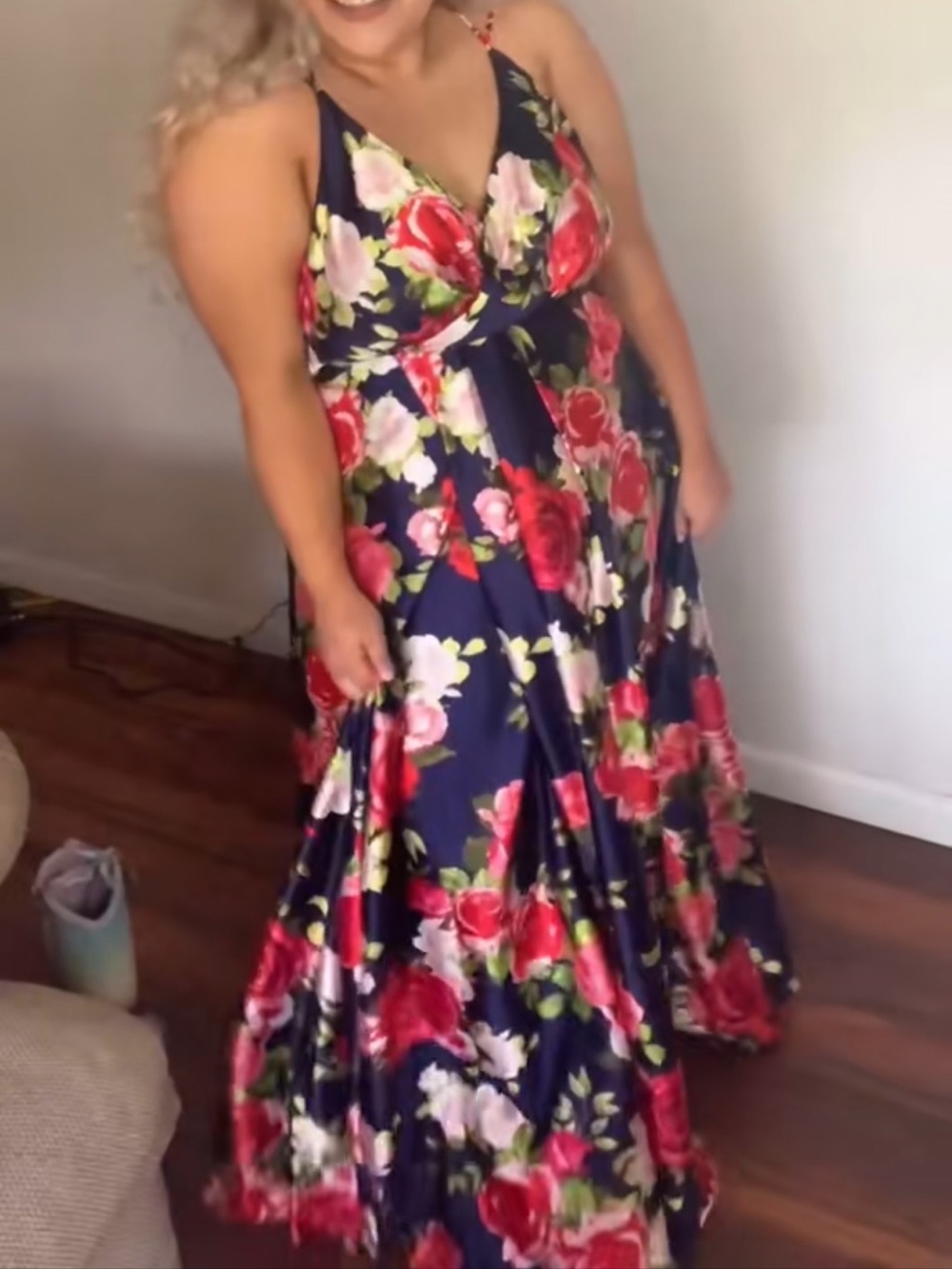Sequin Hearts Navy Floral V-Neck Prom Dress with Red and Pink Roses